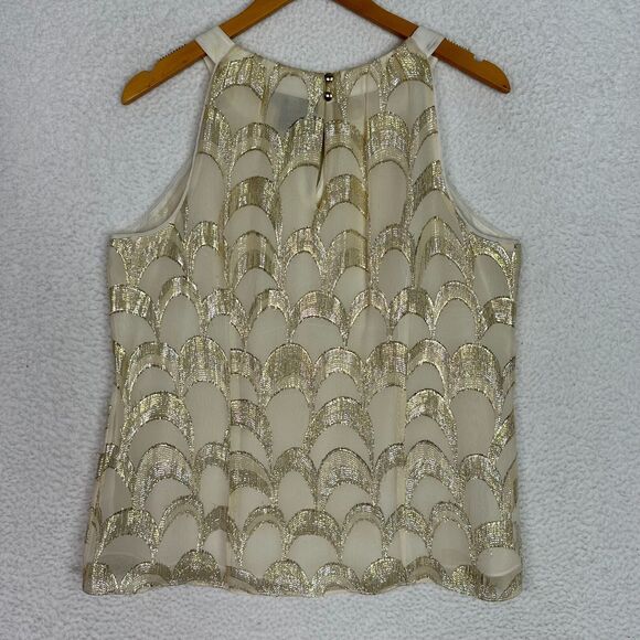 White House Black Market Silk Tank Top Sz L Gold Metallic Scallop Pattern Blouse - Picture 8 of 13